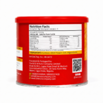 Red Cashew Tin Nutrition Label Packshot. This is the backview of Gourmet cashews roasted with chilli pepper 250g can of spicy whole cashew nuts